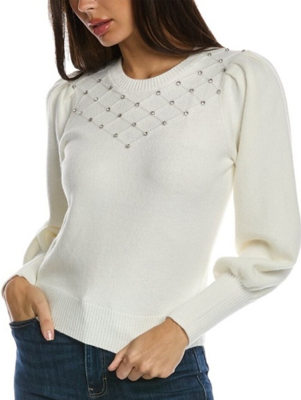 NANETTE LEPORE Crystal Gem Embellished Sweater Balloon Sleeves White Cream Sz L